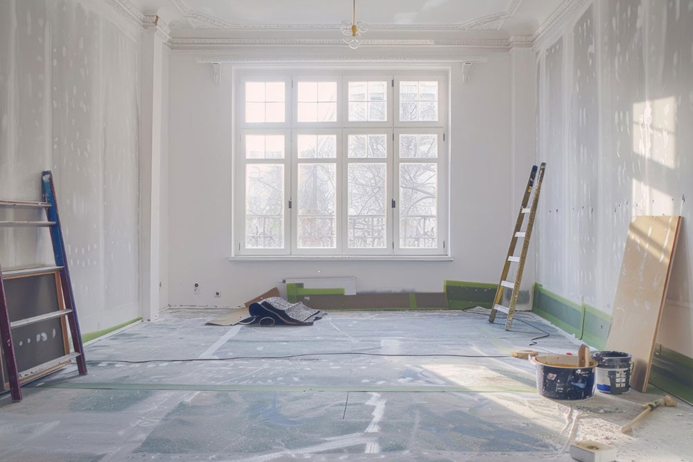 Leergeräumter Raum mit Fensterfront, der gerade saniert wird